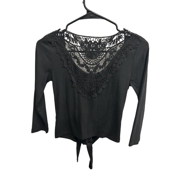 No Boundaries Tie Button Front Lace Back Top Black Ribbed 3/4 Sleeve Grunge - Picture 2 of 8